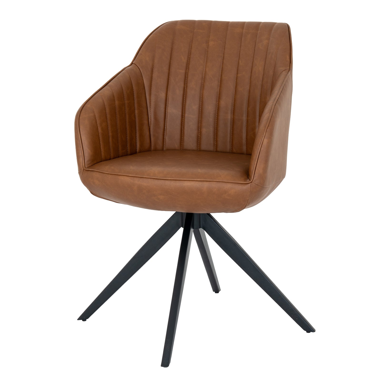 	Side view of Hill Interiors Uppsala tan dining chair showing the fabric upholstery and metal frame