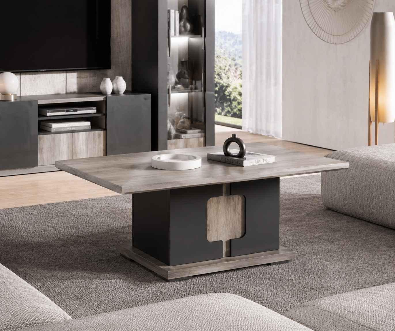 Square coffee table with central block base and recessed panel design – Italian made for modern living rooms