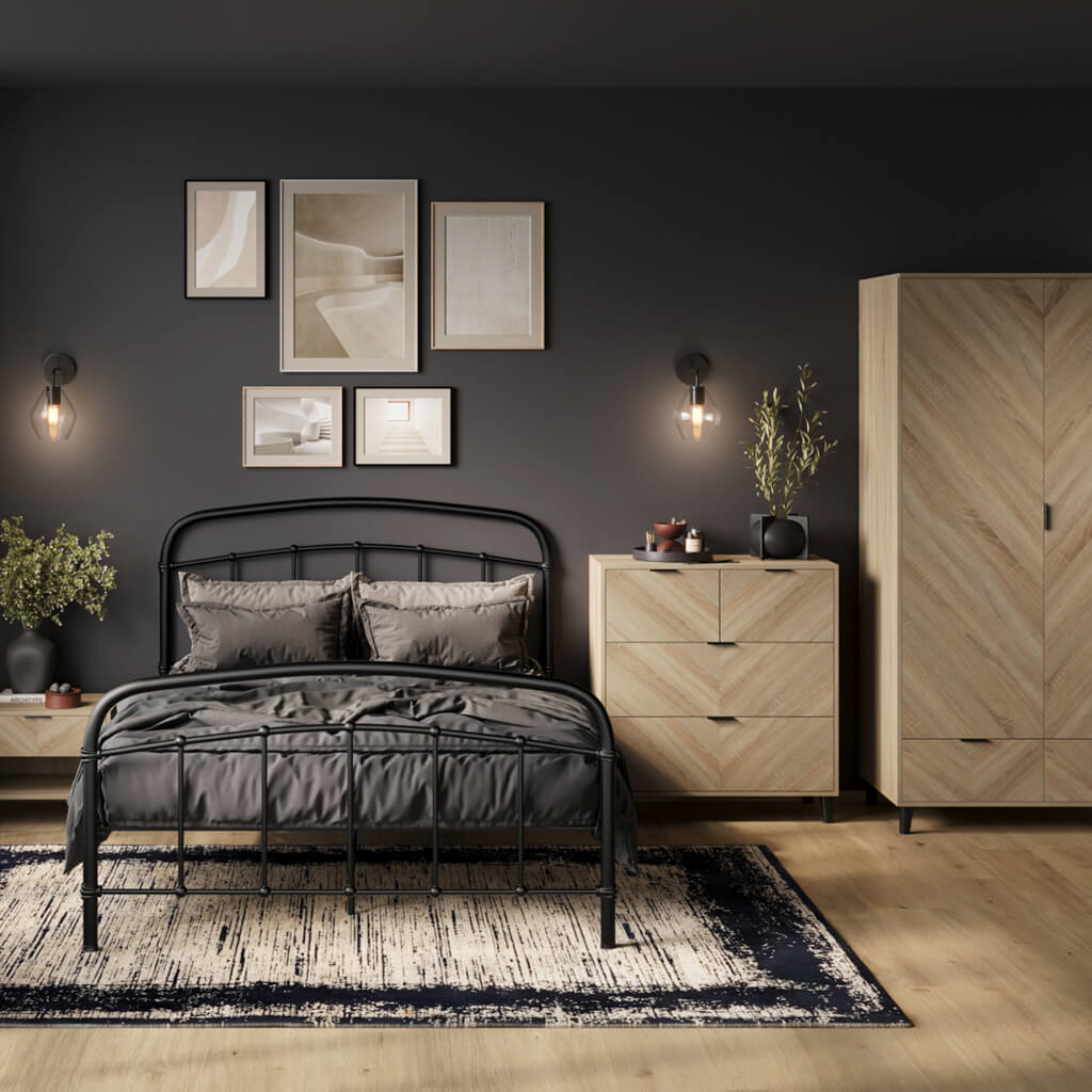 LPD Furniture Stockholm Chevron Sonoma Oak double wardrobe with chevron pattern and matte black legs