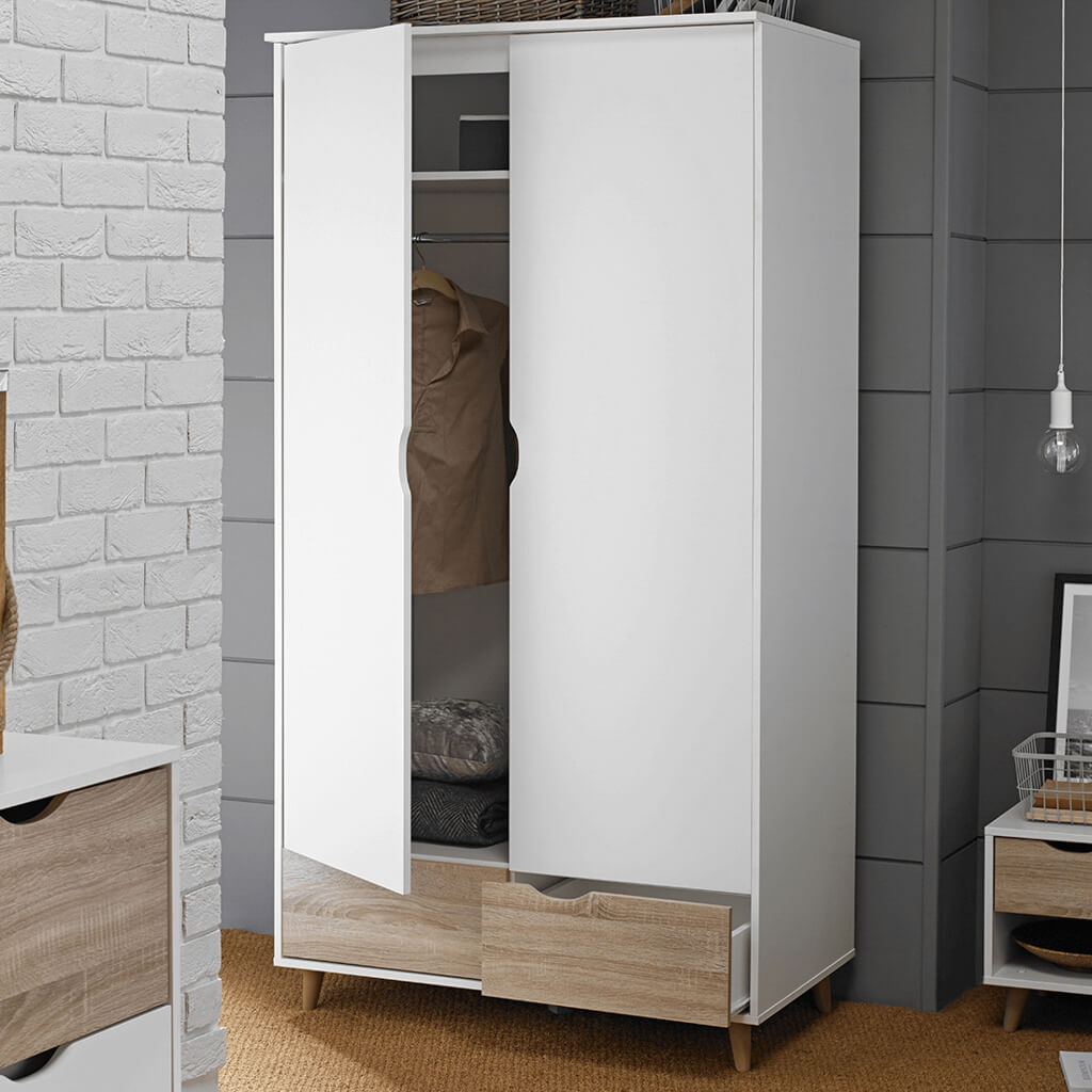LPD Furniture Stockholm white oak double wardrobe with 2 doors and 2 drawers in a modern bedroom setting