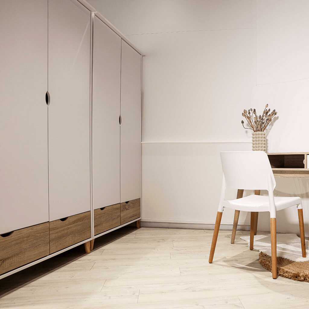 LPD Furniture Stockholm white oak double wardrobe with 2 doors and 2 drawers in a modern bedroom setting