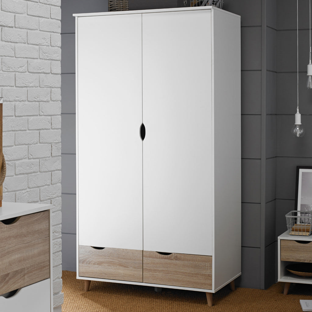 LPD Furniture Stockholm white oak double wardrobe with 2 doors and 2 drawers in a modern bedroom setting