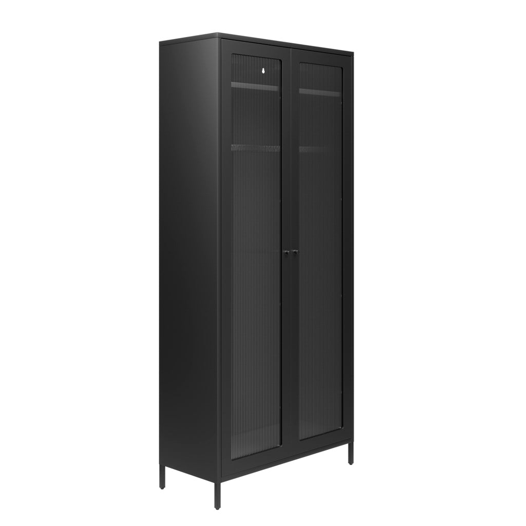 LPD Furniture Storm black steel wardrobe with reeded glass panels in a modern bedroom setting