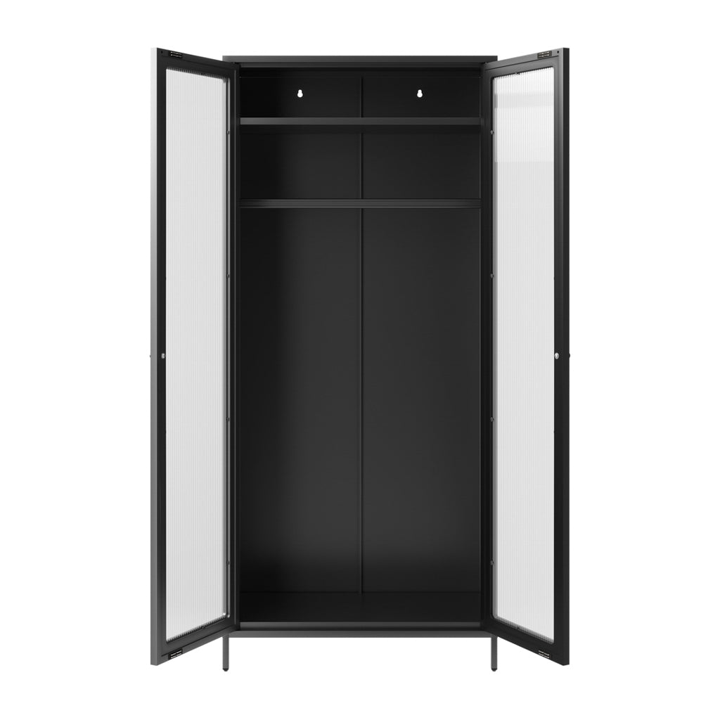 LPD Furniture Storm black steel wardrobe with reeded glass panels in a modern bedroom setting