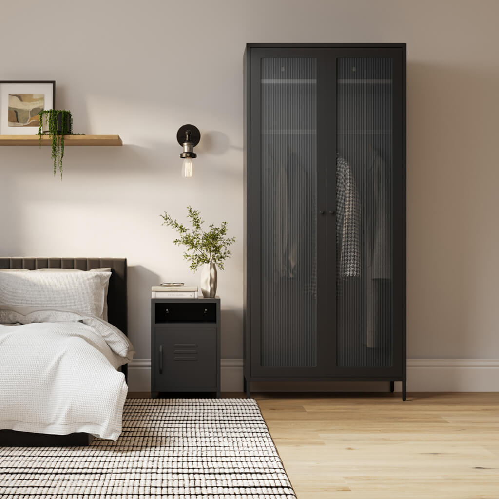 LPD Furniture Storm black steel wardrobe with reeded glass panels in a modern bedroom setting