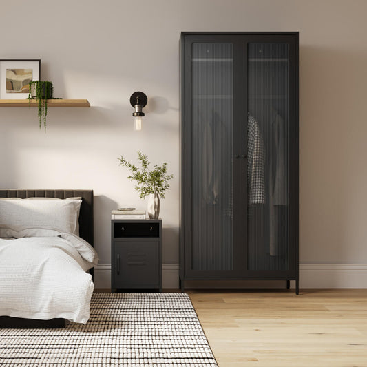 LPD Furniture Storm black steel wardrobe with reeded glass panels in a modern bedroom setting