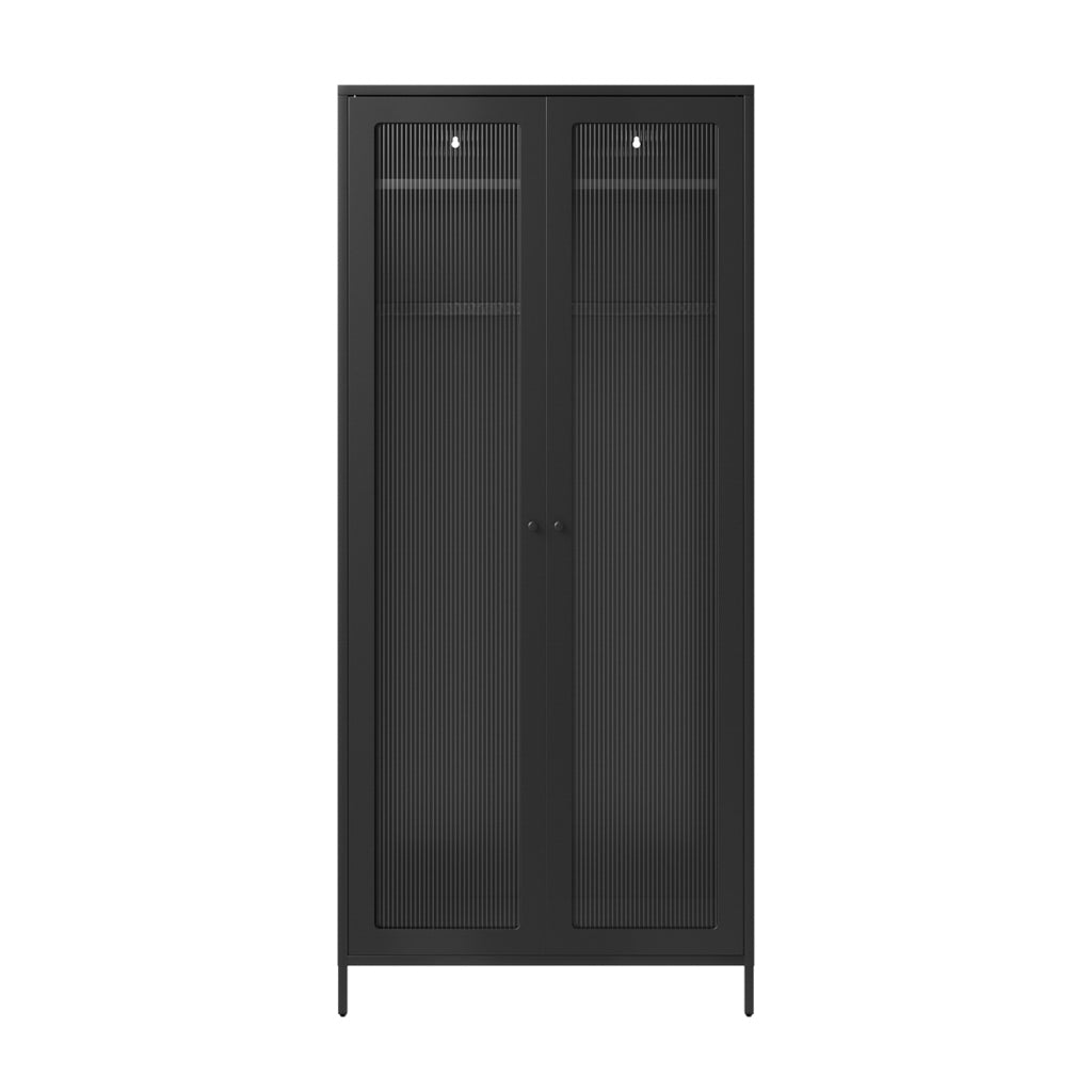 LPD Furniture Storm black steel wardrobe with reeded glass panels in a modern bedroom setting