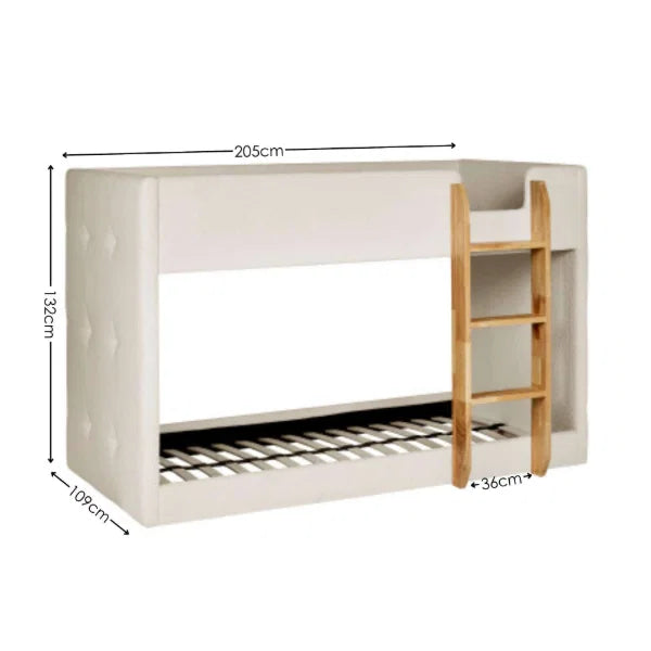 Teddy cream bouclé bunk bed with natural wood ladder in a modern kids bedroom setting