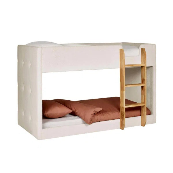 Teddy cream bouclé bunk bed with natural wood ladder in a modern kids bedroom setting