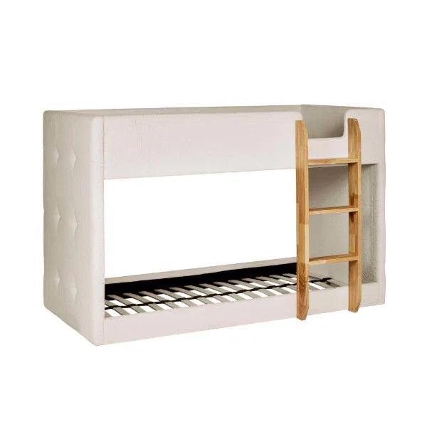 Teddy cream bouclé bunk bed with natural wood ladder in a modern kids bedroom setting