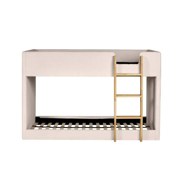 Teddy cream bouclé bunk bed with natural wood ladder in a modern kids bedroom setting