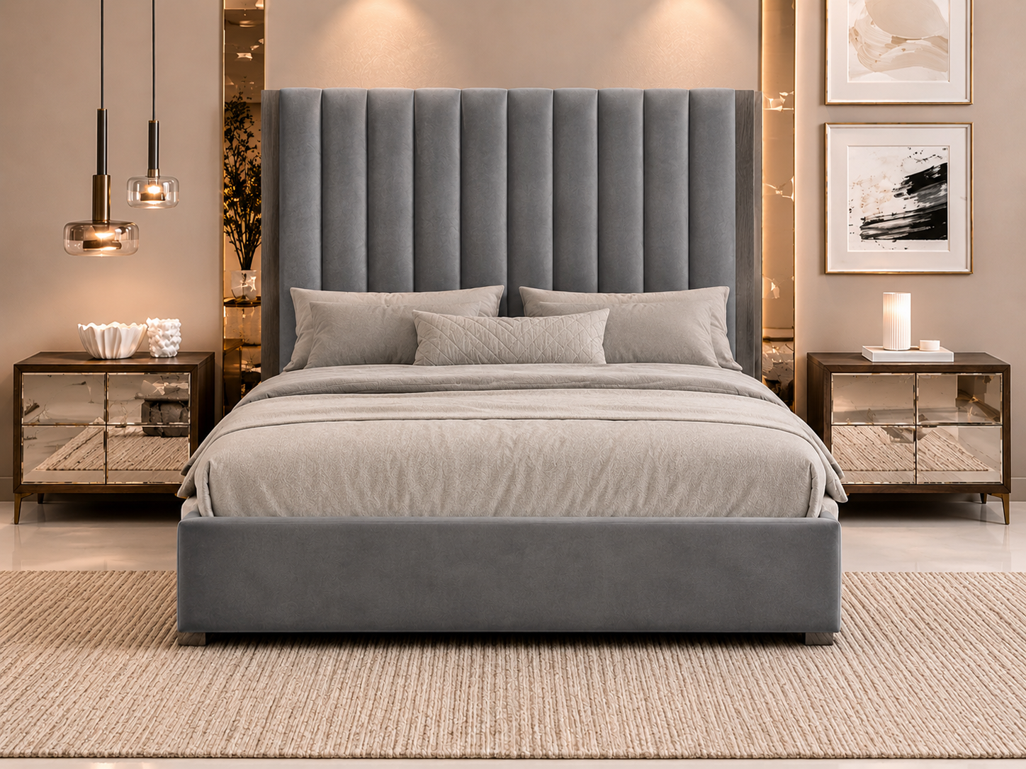 THEA Italian King velvet bed in [colour] – front view, Italian luxury design, 160 x 200 cm