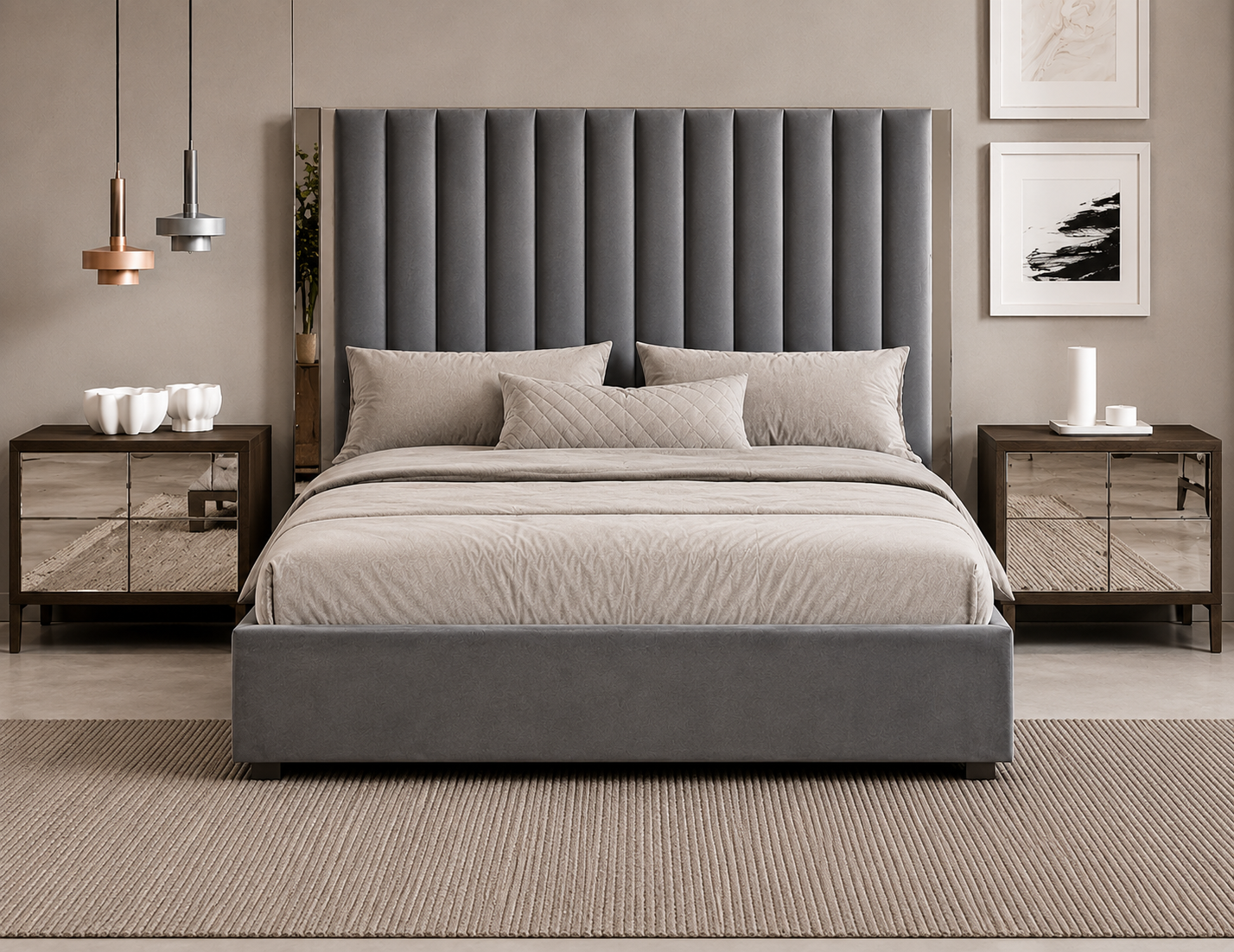 THEA Super Queen velvet bed in grey – Italian luxury design, 180 x 200 cm, elegant headboard