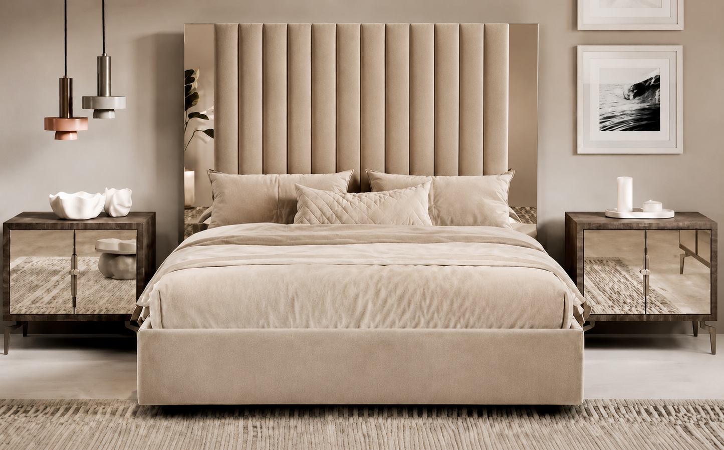 THEA double velvet bed in beige – Italian design, 140x190 cm, elegant headboard for double bedrooms
