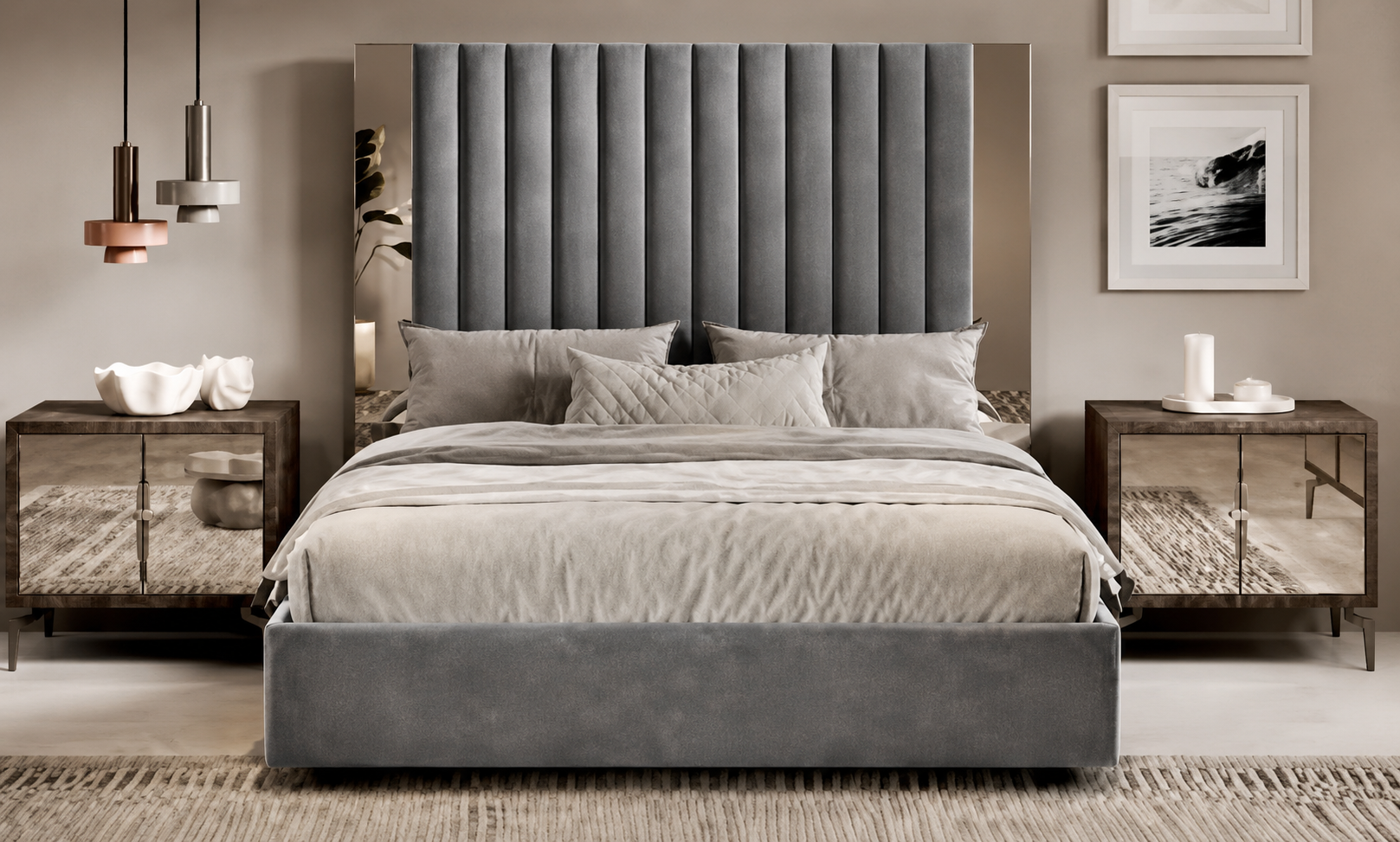 THEA double velvet bed in grey – Italian design, 140x190 cm, elegant headboard for double bedrooms

