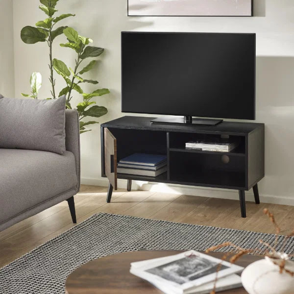 Trent Small TV Unit – Walnut/Black – Fits TVs up to 43" with Cable Management (Pre-order – June)