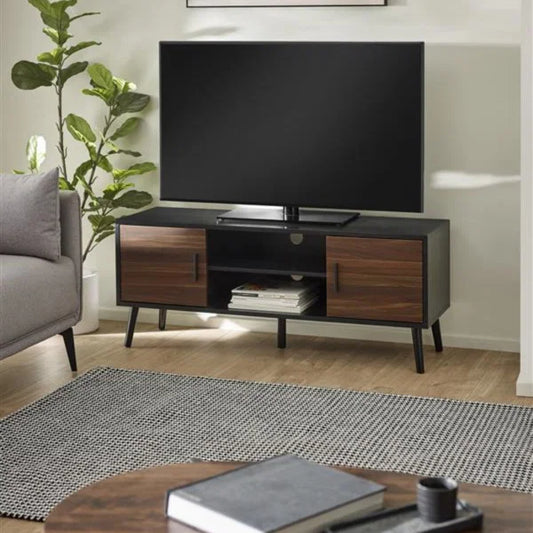 Trent Large TV Unit – Walnut/Black – Fits TVs up to 55" with Cable Management (Pre-order – June)