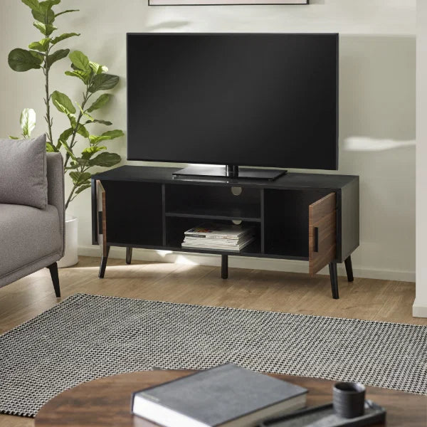 Trent Large TV Unit – Walnut/Black – Fits TVs up to 55" with Cable Management (Pre-order – June)