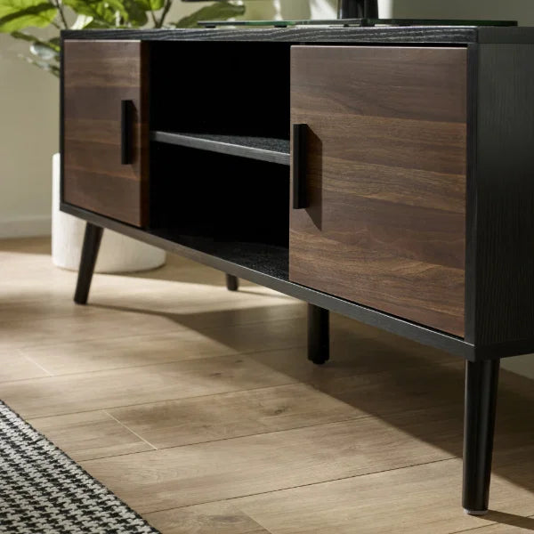 Trent Large TV Unit – Walnut/Black – Fits TVs up to 55" with Cable Management (Pre-order – June)