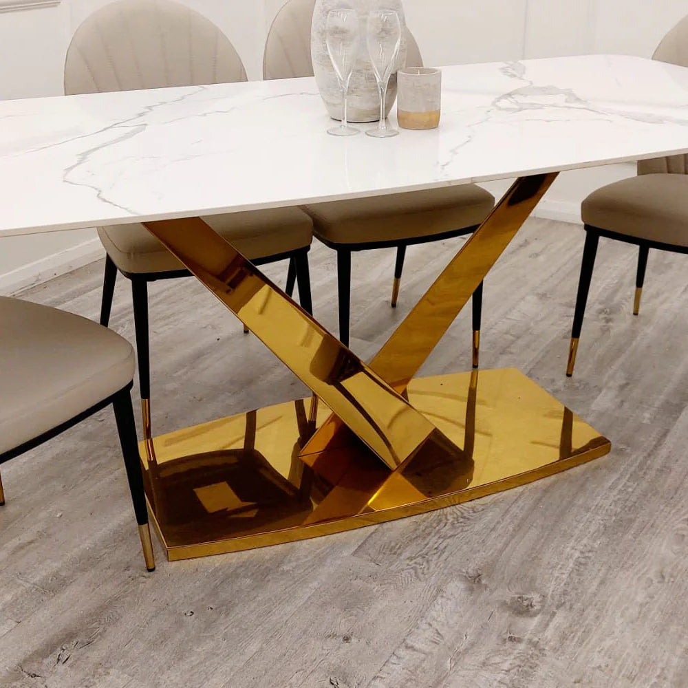 Furnish365 Valeo 1.8m sintered stone dining table with v-design pedestal base in a contemporary dining room setting