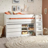 Vespa white midsleeper with storage cupboards and pull-out desk in a modern kids bedroom setting