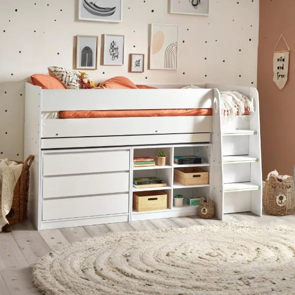Vespa white midsleeper with storage cupboards and pull-out desk in a modern kids bedroom setting
