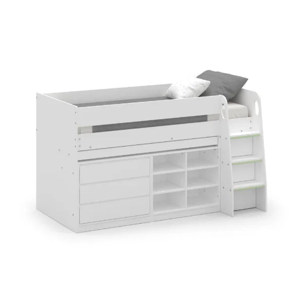 Vespa white midsleeper with storage cupboards and pull-out desk in a modern kids bedroom setting