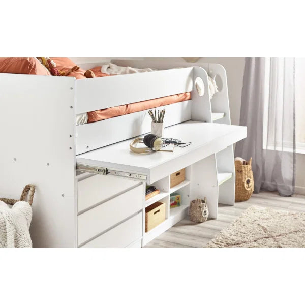 Vespa white midsleeper with storage cupboards and pull-out desk in a modern kids bedroom setting