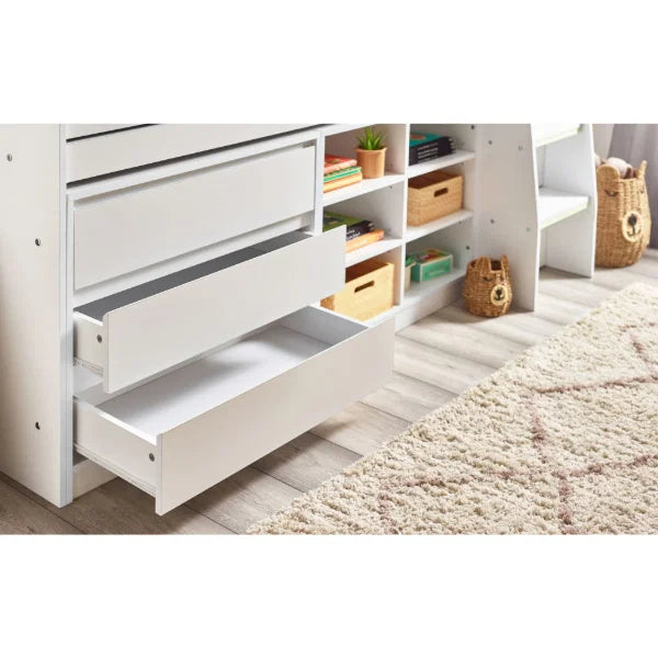 Vespa white midsleeper with storage cupboards and pull-out desk in a modern kids bedroom setting