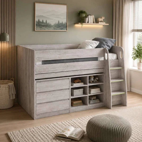 Vespa white midsleeper with storage cupboards and pull-out desk in a modern kids bedroom setting