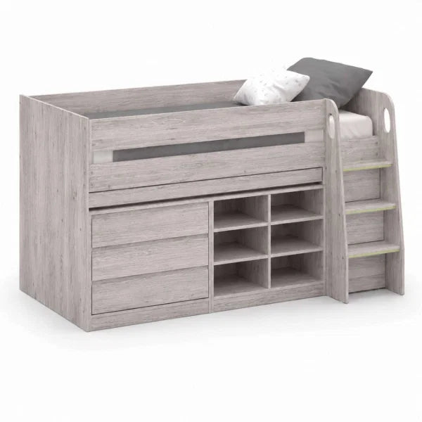Vespa white midsleeper with storage cupboards and pull-out desk in a modern kids bedroom setting