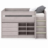 Vespa white midsleeper with storage cupboards and pull-out desk in a modern kids bedroom setting