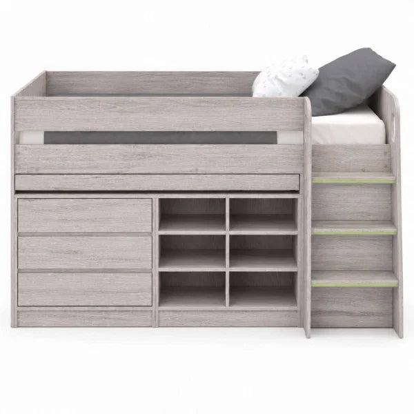 Vespa white midsleeper with storage cupboards and pull-out desk in a modern kids bedroom setting