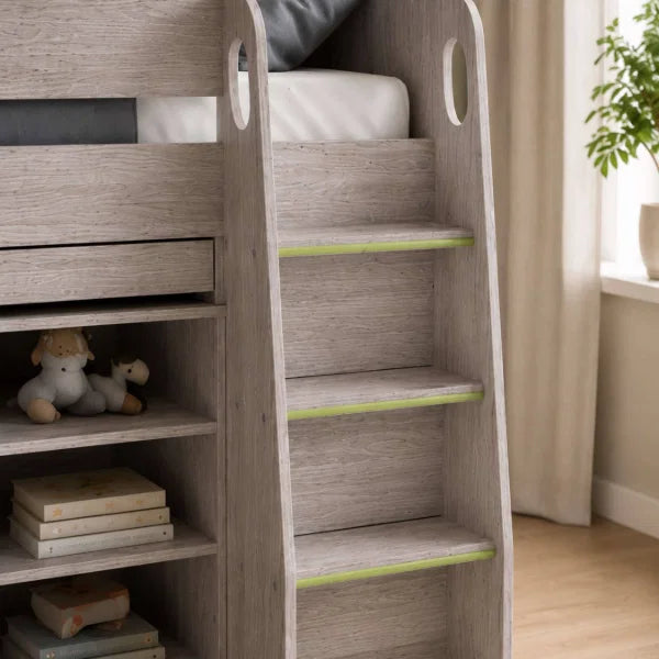 Vespa white midsleeper with storage cupboards and pull-out desk in a modern kids bedroom setting