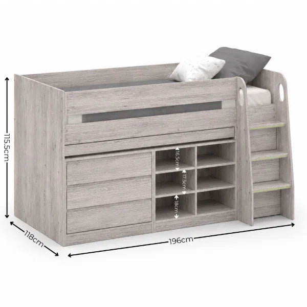 Vespa white midsleeper with storage cupboards and pull-out desk in a modern kids bedroom setting
