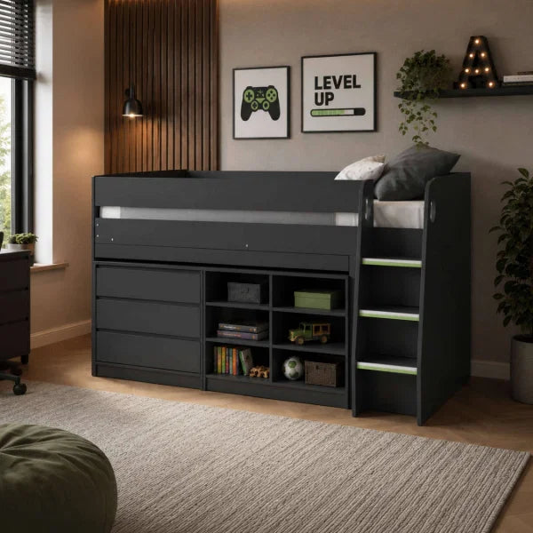 Vespa white midsleeper with storage cupboards and pull-out desk in a modern kids bedroom setting