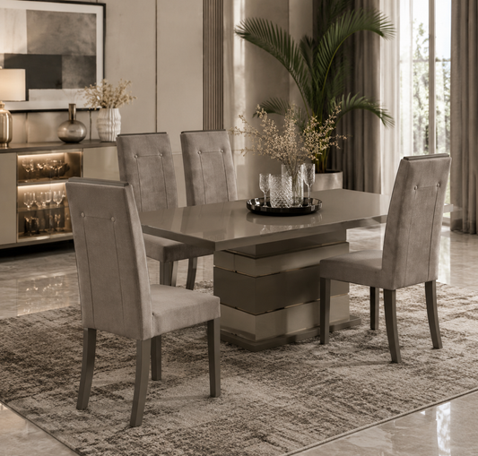 Velvet fabric dining chair with cushioned seat. Italian design, sturdy frame, perfect for modern dining rooms.