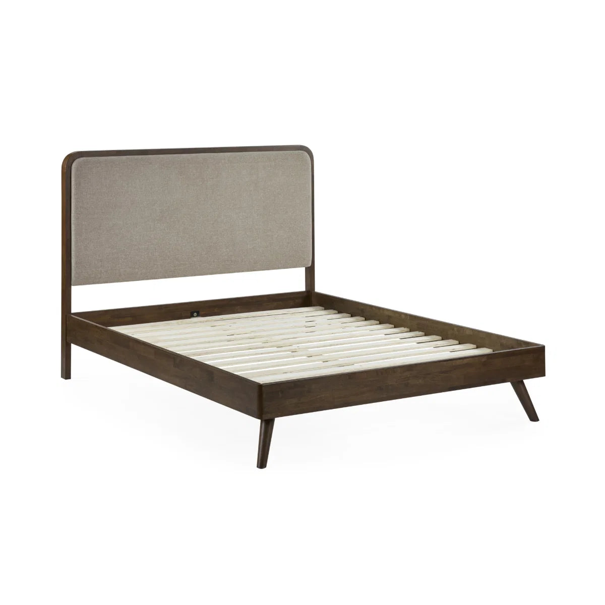 Walden walnut king bed with grey chenille headboard in a modern bedroom setting