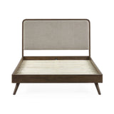 Walden walnut king bed with grey chenille headboard in a modern bedroom setting