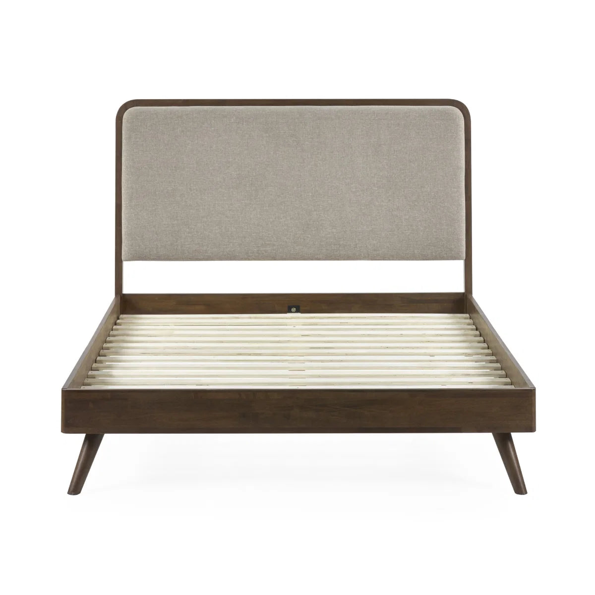 Walden walnut king bed with grey chenille headboard in a modern bedroom setting