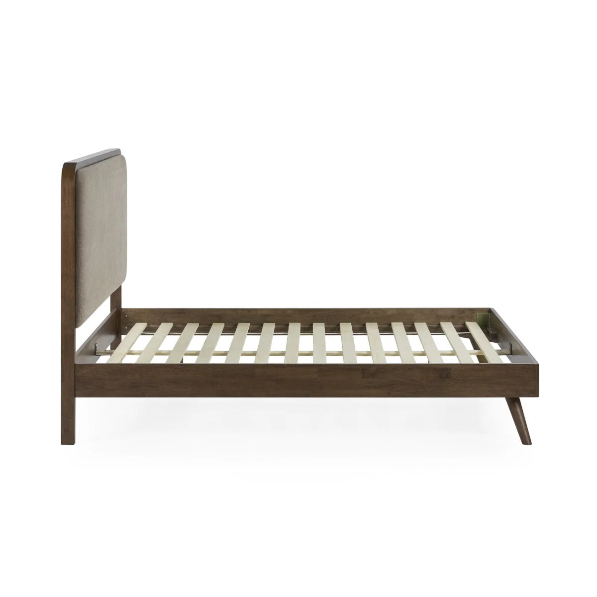Walden walnut king bed with grey chenille headboard in a modern bedroom setting