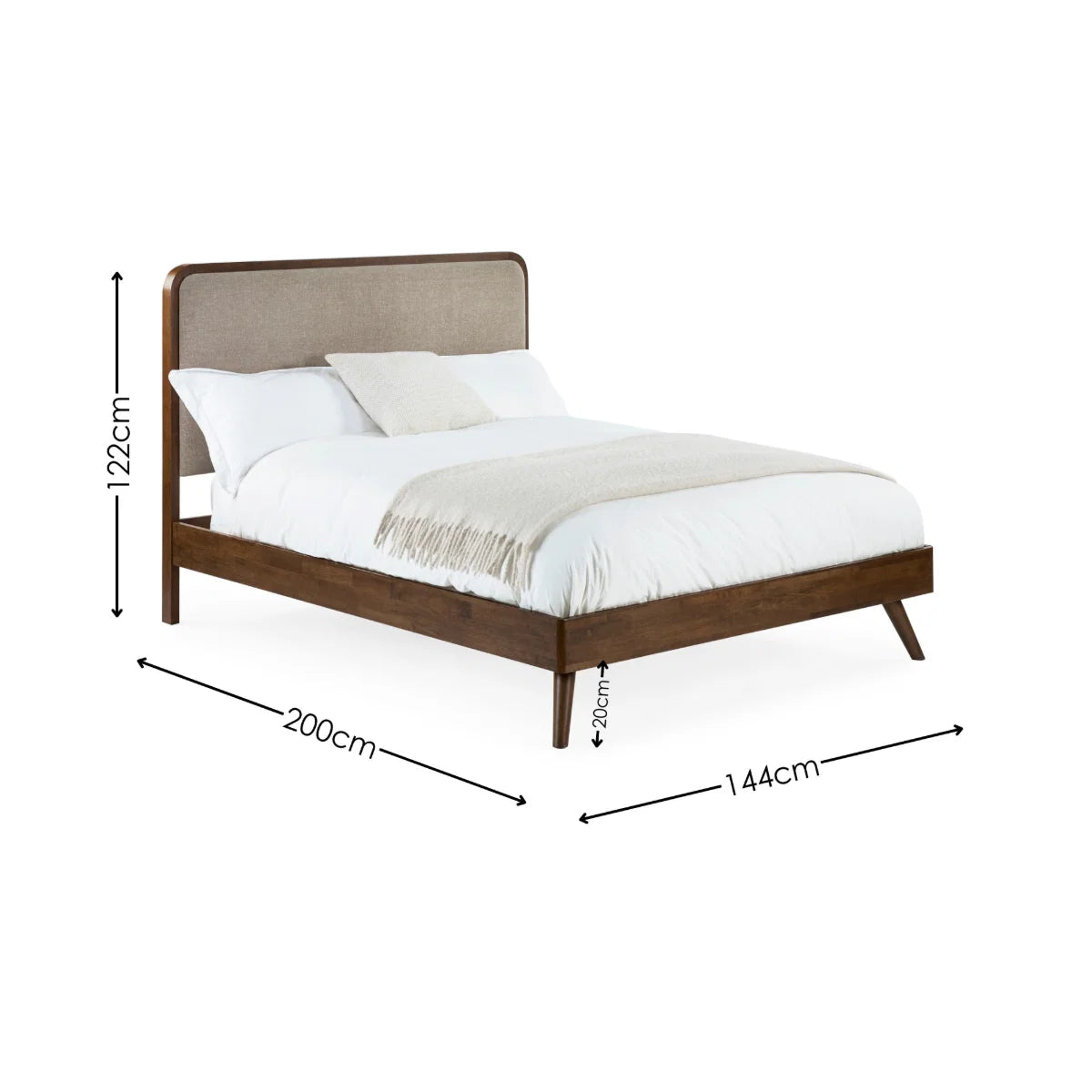 Walden walnut king bed with grey chenille headboard in a modern bedroom setting