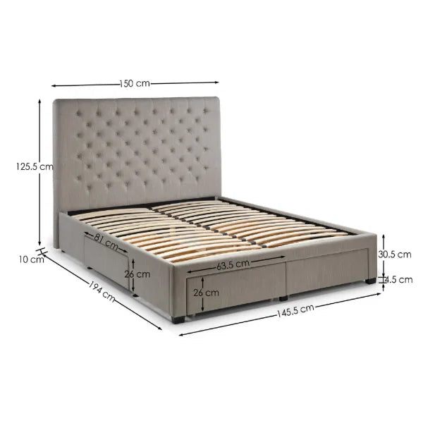 Wilton Deep Button 4 Drawer Bed – Grey Linen – Deep Buttoned Headboard with Storage Drawers