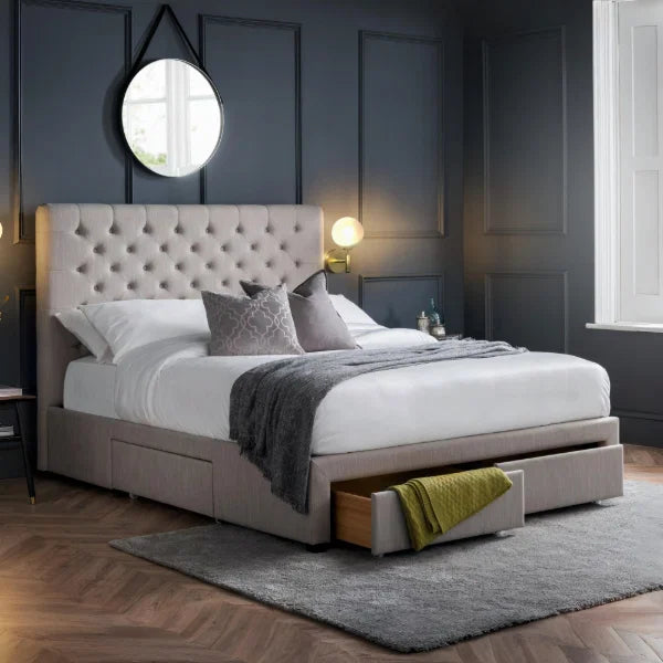 Wilton Deep Button 4 Drawer Bed – Grey Linen – Deep Buttoned Headboard with Storage Drawers