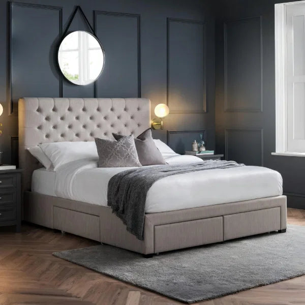 Wilton Deep Button 4 Drawer Bed – Grey Linen – Deep Buttoned Headboard with Storage Drawers