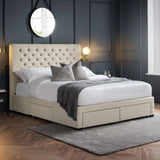 	Wilton oatmeal beige storage bed with deep buttoned headboard in a modern bedroom setting