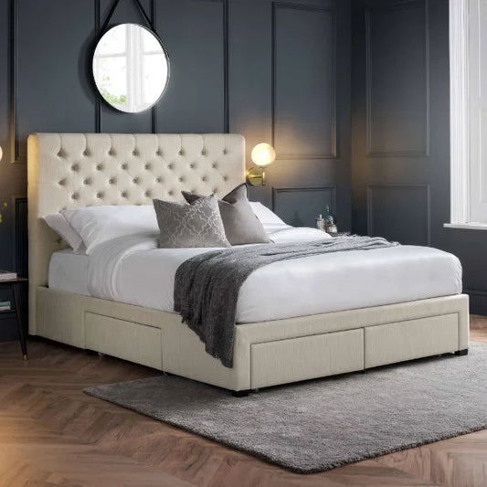 	Wilton oatmeal beige storage bed with deep buttoned headboard in a modern bedroom setting