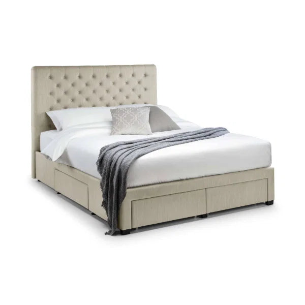 	Wilton oatmeal beige storage bed with deep buttoned headboard in a modern bedroom setting