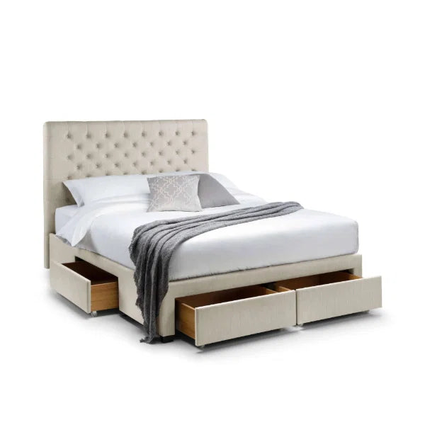 	Wilton oatmeal beige storage bed with deep buttoned headboard in a modern bedroom setting