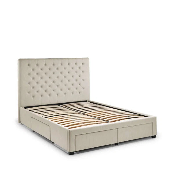 	Wilton oatmeal beige storage bed with deep buttoned headboard in a modern bedroom setting
